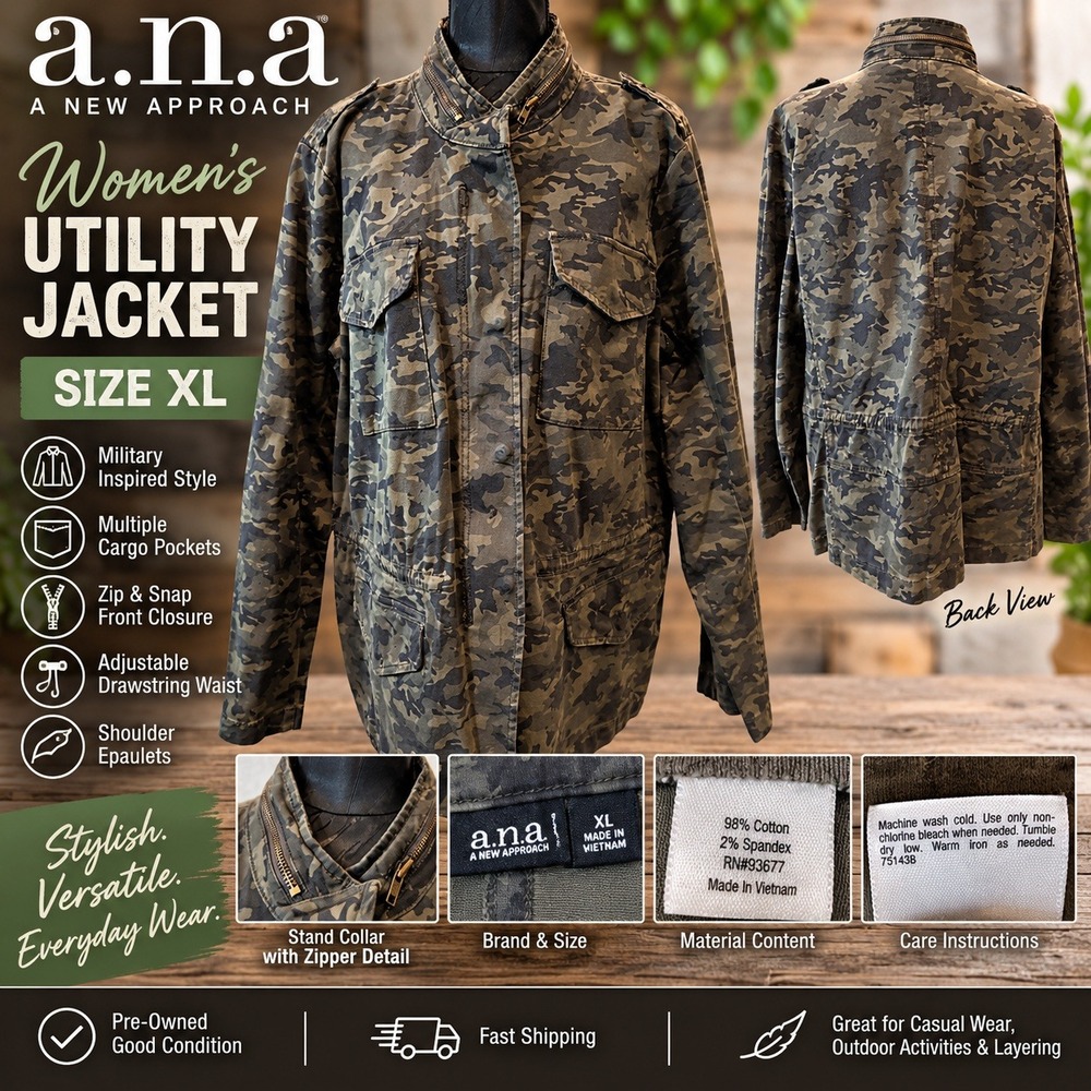 ANA A New Approach Womens Camo Utility Jacket XL Green Military Cargo Pockets